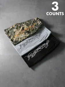 3-Pack Men's Casual Sweat Shorts - Vintage Camo & Solid Colors, Script Letter Embroidery, Loose Fit Elastic Waist Streetwear Shorts, Breathable Comfort Gym & Daily Summer Shorts for Hip Hop Aesthetic