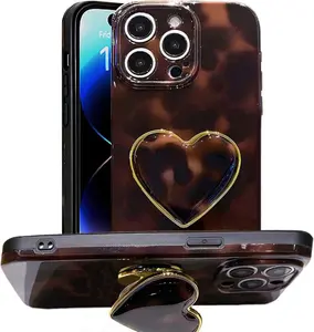 Compatible with Cute iPhone 16 Pro Max Case 6.9'', Tortoise Shell Phone Case with Dark Brown Amber Print Leopard Heart Holder Stand Kickstand Shockproof TPU Protective Cover for Women Girls