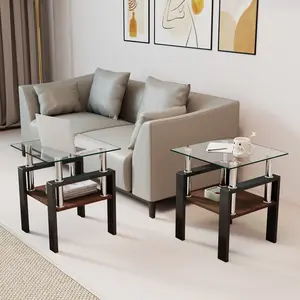 Set of 2 Modern Tempered Glass End Table,Tempered Glass Tabletop with MDF Layer, Coffee Table,Tea Table, Square Table for Living Room