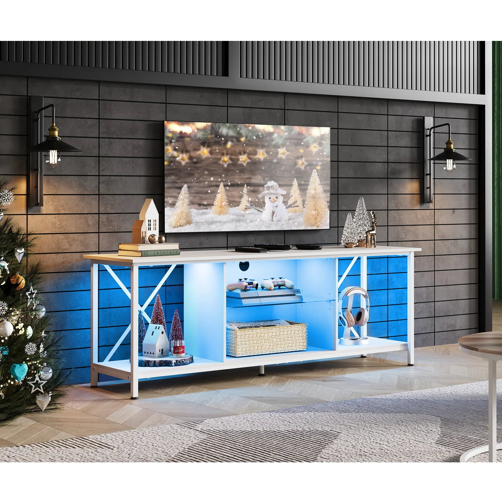 WLIVE Industrial TV Stand for 55 65 Inch TV, LED Entainment Center with Storage, TV Console for Bedroom and Living Room/Home