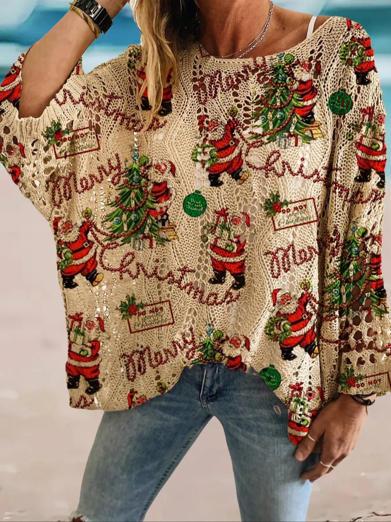 Women's Christmas Santa Print Long Sleeve Knit Top, Casual Elegant Holiday Style Sweater, Loose Batwing Shoulders, Fall & Winter Fashion