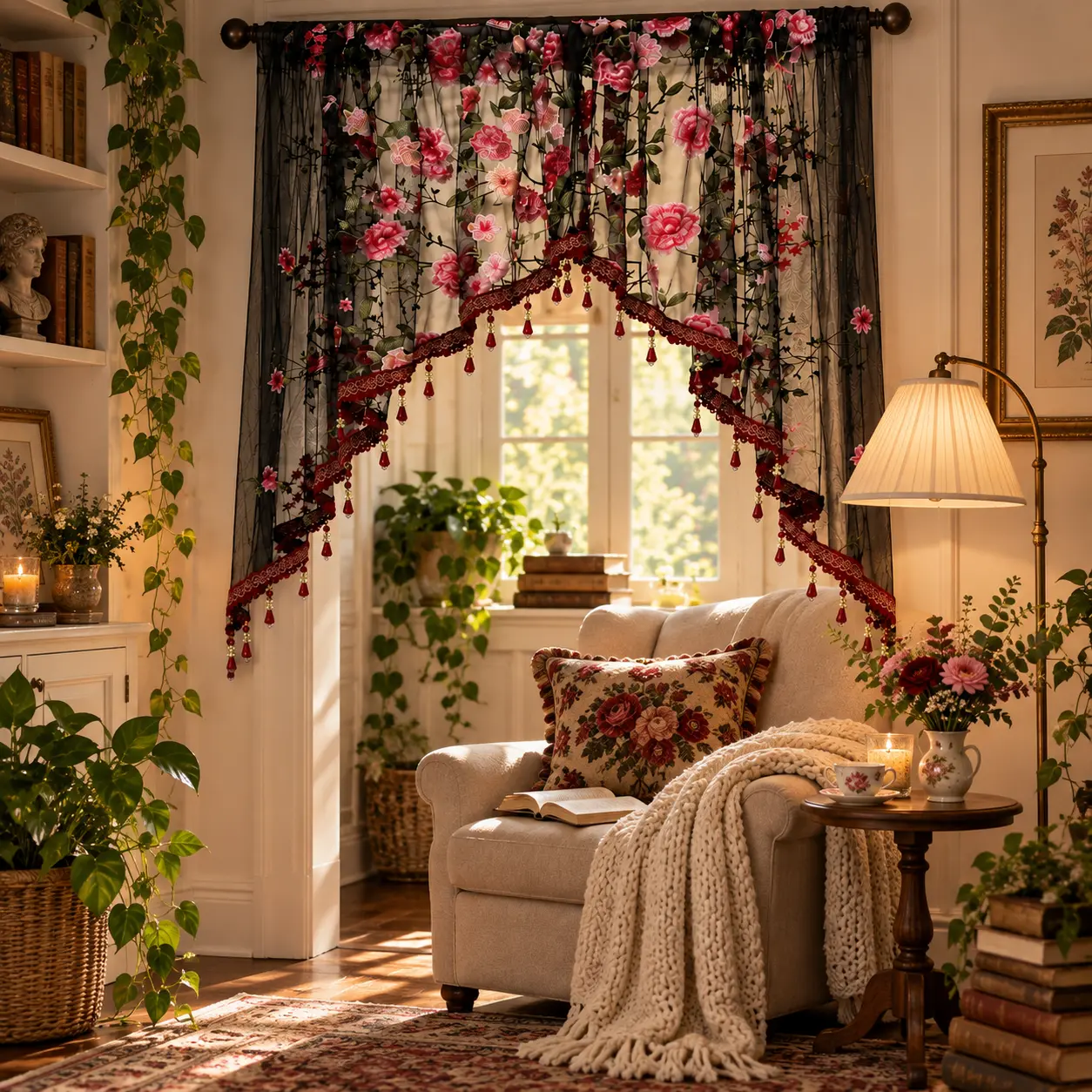 Gothic Floral Sheer Curtain, Red Black Embroidered Window Curtain with Beaded Tassel Trim, Vintage Victorian Doorway Decor for Bedroom & Closet