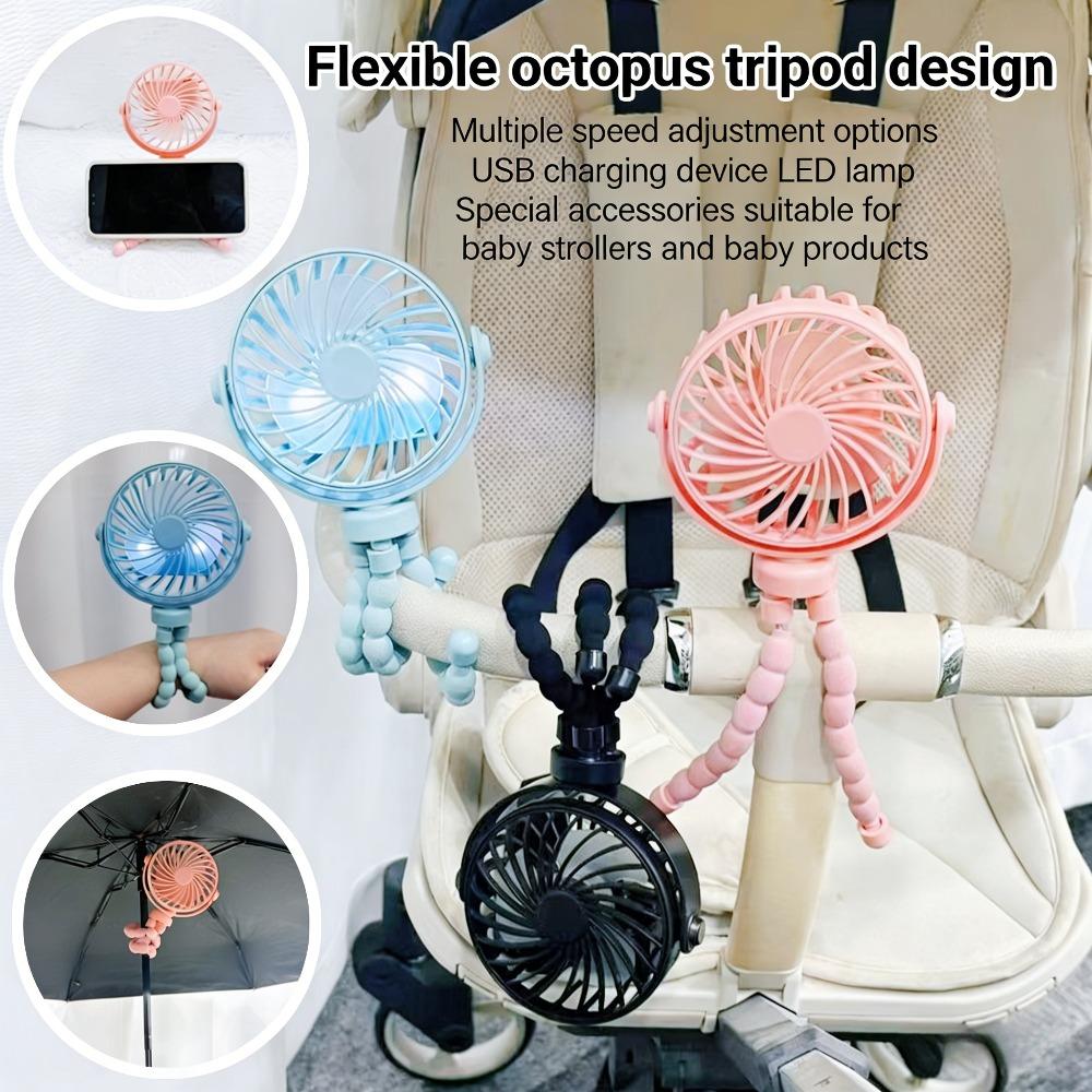 USB Rechargeable 360° Rotating Octopus Fan - Flexible Tripod, USB Rechargeable, Multi-Speed Cooling with Night Light