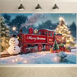 1pc 2D Flat Christmas Train and Snowman Backdrop Banner - Festive Red Carriage with Gifts, Polyester, No Power Needed, Perfect for Holiday Parties, Photo Shoots & Winter Memories, Multiple Avail
