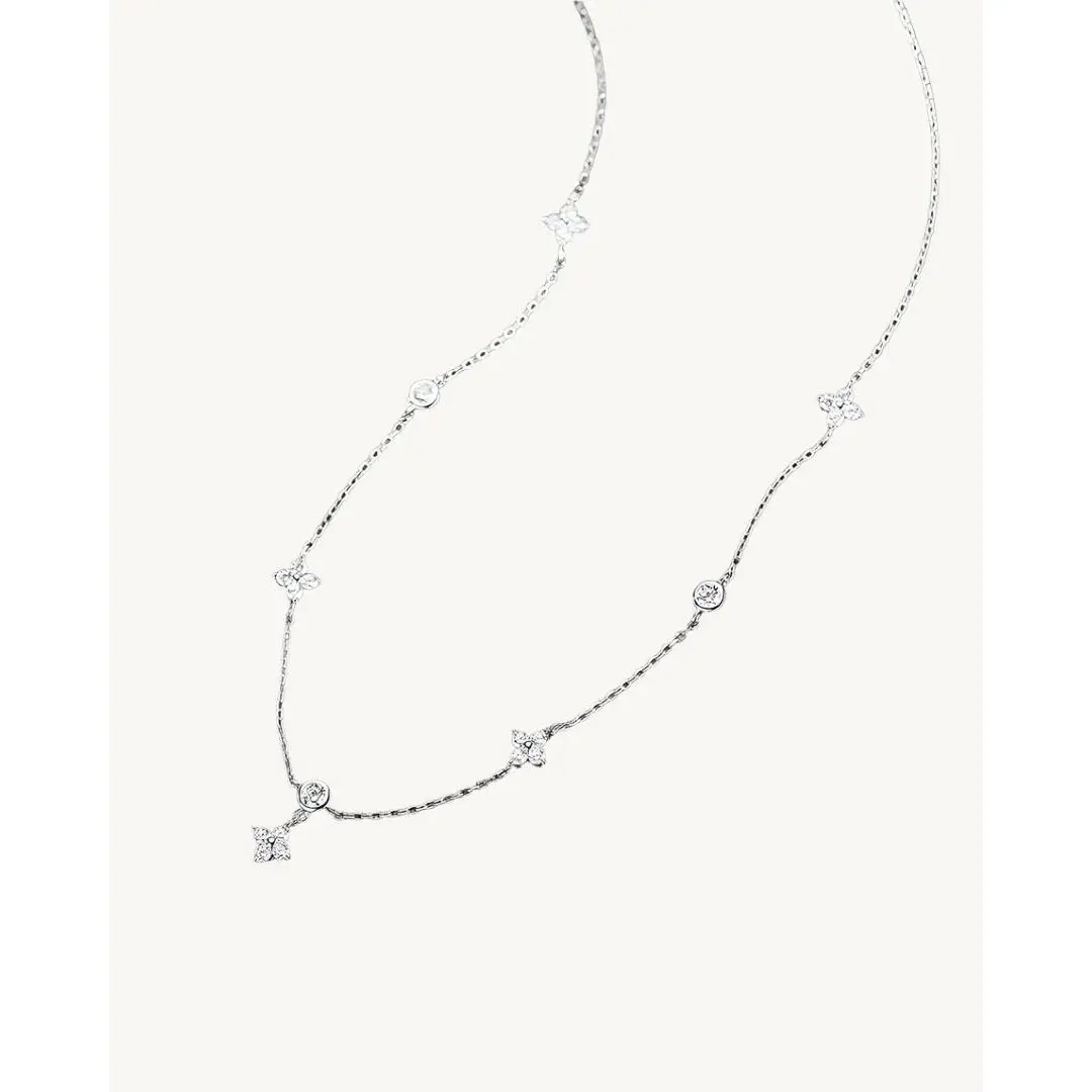 AVELI Stainless Steel Inlaid Lab Created Diamond Four-leaf Clover Blossom Flower Chain Necklace - Hypoallergenic Women's Jewelry with Simulated Diamonds and Elegant Floral Pendants