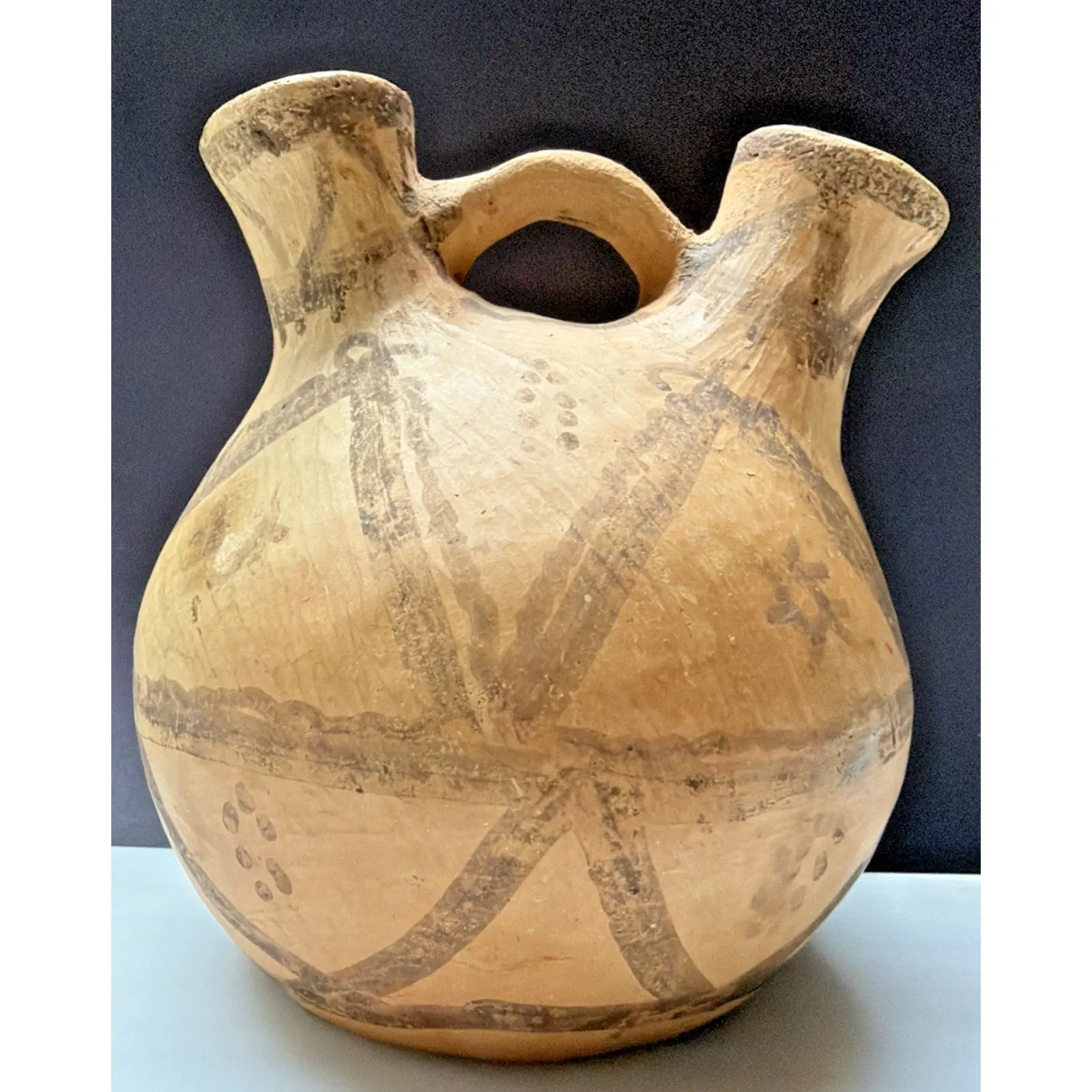 Old Berber Moroccan Pottery Vessel Double Spout Jug Hand Drawn Painted As Is