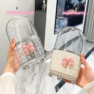 Luxury Makeup Organizer Box with Bow, 360° Rotating Base, Holds 26 Brushes, Dust-Proof, Durable Plastic, Ideal Gift for Beauty Lovers