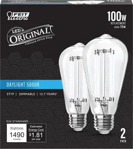 ST19 Vintage Edison LED Light Bulb, 100W Equivalent, Dimmable, 5000K Daylight, 1490 Lumens, E26 Base, Retro Filament Light Bulbs, 15,000-Hour Lifetime, ST19100CL/950CA/2, 2 Pack