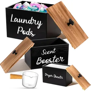 Dandat 3 Pcs Wood Laundry Pods Container Farmhouse Decoration Laundry Room Organization and Storage, Rustic Dryer Sheet Holder Scent Booster Container Set with Scoop(Black)