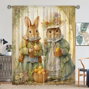 2-Piece set, retro couple Easter rabbit print curtains, high definition digital printing curtains, suitable for living room bedroom study kitchen office home decoration, rod pocket design, suitable for resurrection holiday decoration.