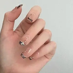 Set of 24 Wearable Nail Patches in Shades, Short Handmade Detachable Nail Patch [Short T], French Zebra Print Design with Glitter Accent Removable luxury  press  nails