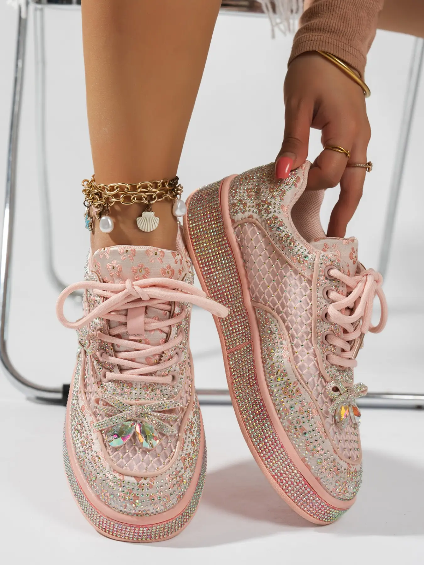 New Sweet Style Rhinestone Casual Shoes for Women, Mesh Thick Sole Height-Boosting Versatile Bow Sneakers, Trendy All-Season Footwear