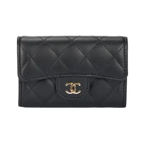 CHANEL Gold Clasp Flap Wallet with Card Slots, Quilted Lambskin Leather, Double C Logo, Black, For Women