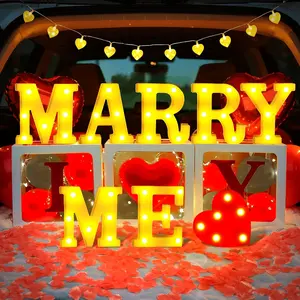 Marry Me Light Up Letters Sign Proposal Decorations Will You Marry Me Sign with Red Fake Rose Petals for Valentine's Day Wedding Engagement Night Anniversary Banquet Props (Yellow Light, Red)