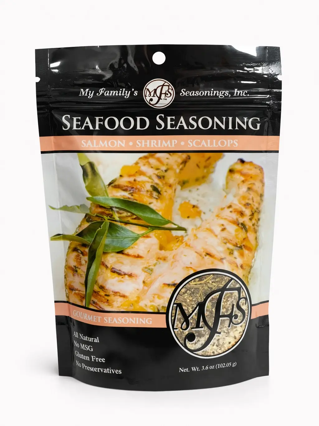 MY FAMILY'S SEASONINGS Sugar-Free Gluten-Free Seafood Spice Mix with Black Pepper, Garlic Herbs & Natural Salt, 3.6oz, Stovetop-Use, Ambient Cupboard-Storable, 24-Month Shelf Life Flavor Booster, Suitable for Ages 5+ & All Ages, Dairy Free