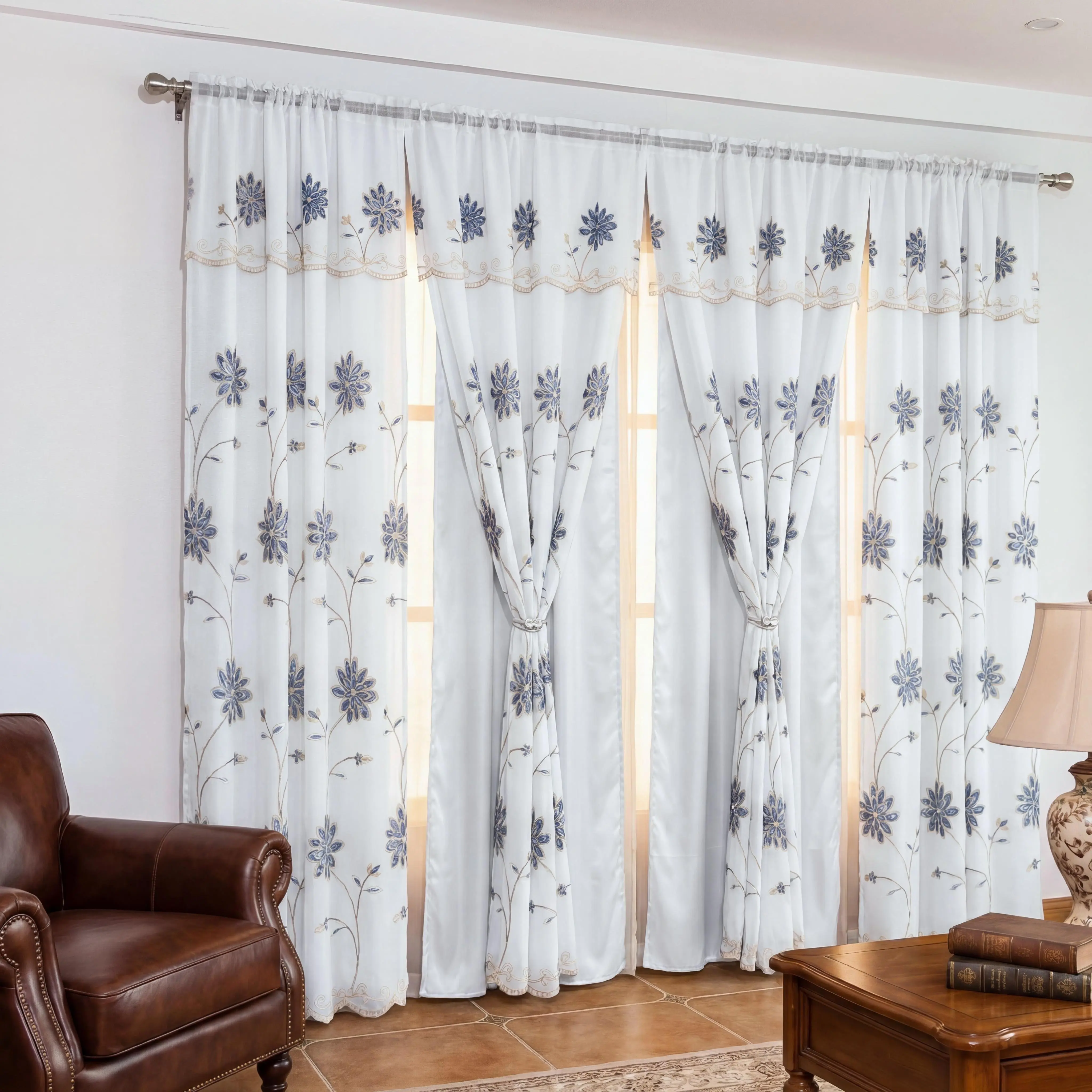 4-Panel 52"x84" Double Layer Floral Vine Embroidery Doli Curtains with Waterfall Valance, Rod Pocket, Decorative for Living Rooms, Bedrooms, QF36 Summer Home Textile Accessory