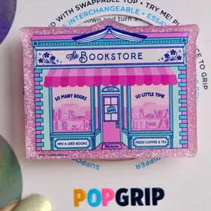 The Bookstore Cute Pink Sparkly Acrylic Resin Handmade Kindle Grip | Bookshop Kindle Grip | Cozy Book Themed Phone Grip | Cute Bookish Grip