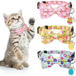 3 PCS Easter Cat Collars with Bow Tie and Bell, Spring Eggs Rabbit Pattern Breakaway Adjustable Cute Collars for Kittens and Certain Puppies
