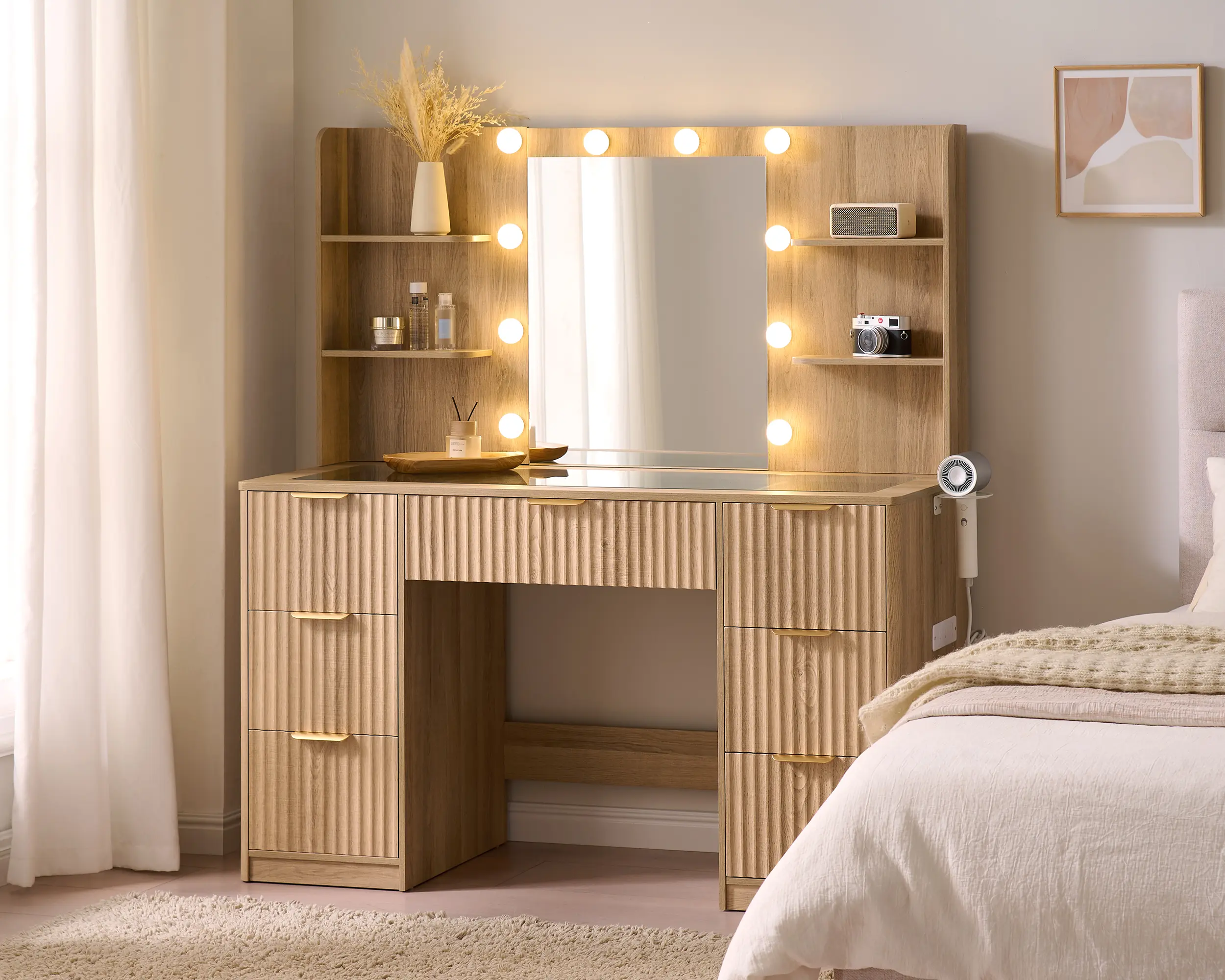 [Brandday][Memorialday] AMERLIFE 36.2/47.2" Fluted Vanity Desk with Mirror and Adjustable LED Lights, Large 4/7 Drawers Makeup Table with Glass Top and Charging Station for Women and Girls, Bedroom or Dorm/Best Gift Ideas/Christmas Gifts