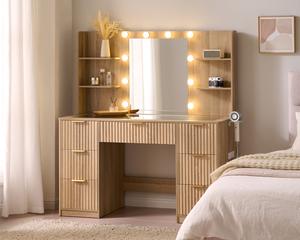 [Summergarden][Fathersdaygift] AMERLIFE 36.2/47.2" Fluted Vanity Desk with Mirror and Adjustable LED Lights, Large 4/7 Drawers Makeup Table with Glass Top and Charging Station for Women and Girls, Bedroom or Dorm/Best Gift Ideas/Christmas Gifts