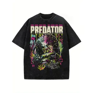Predator Retro Washed Oversized T-shirt |   Unisex Streetwear 80s Sci-Fi Horror Movie Graphic Tee, Casual Short Sleeve for Men Women