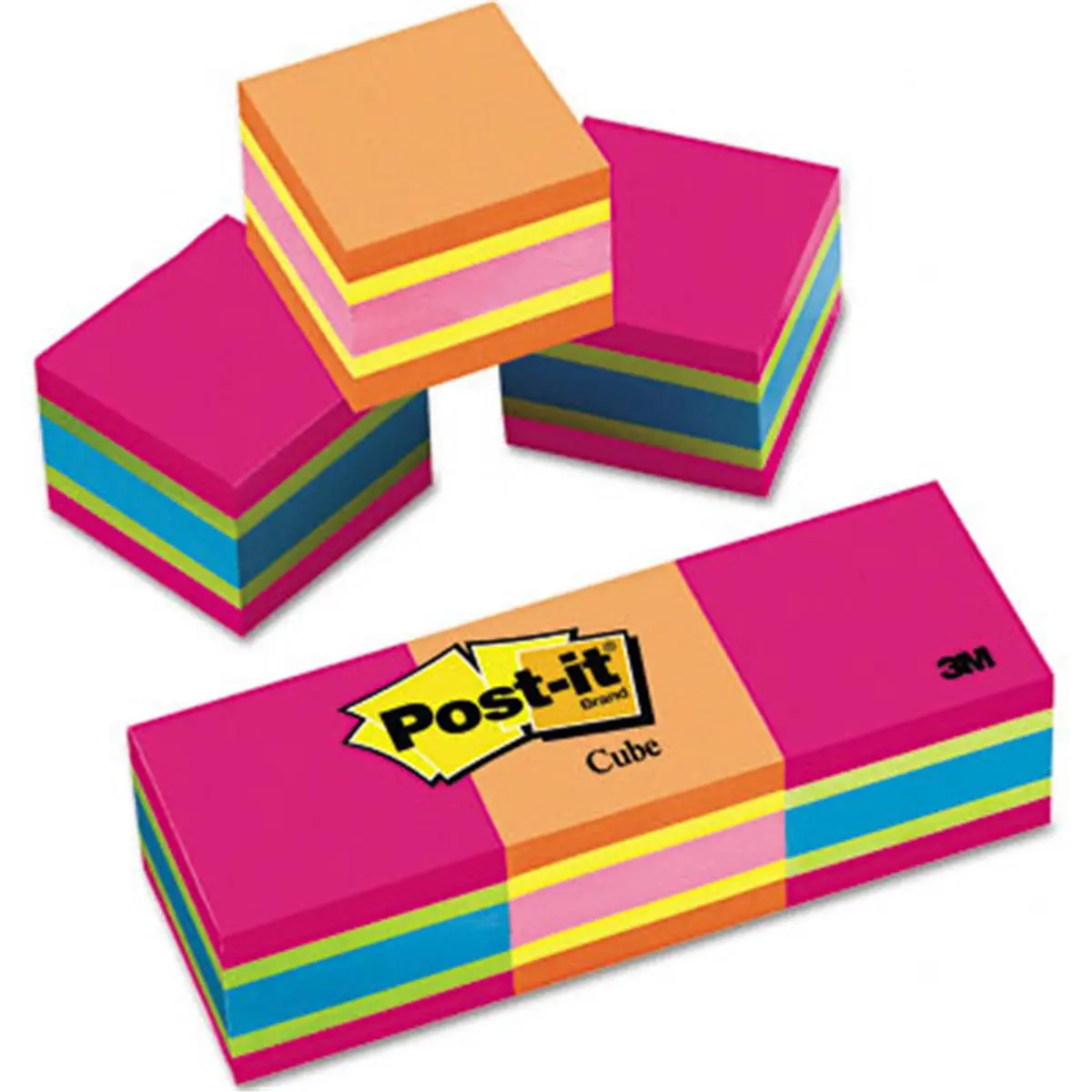 212 MAIN Self-Stick Sticky Cubes, 2x2 in Mini Cube Shape, Plain Ruling, Assorted Ultra Colors, 3 Pads/Pack with 400 Sheets Each Total 1200 Sheets