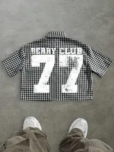 rendy Checkered Cropped Collared Button Down Shirt - Bold "Berry Club 77" Varsity Graphic, Breathable Cotton Fabric, Retro Streetwear Top for TikTok Fashion, Urban Lifestyle & Everyday Casual Wear