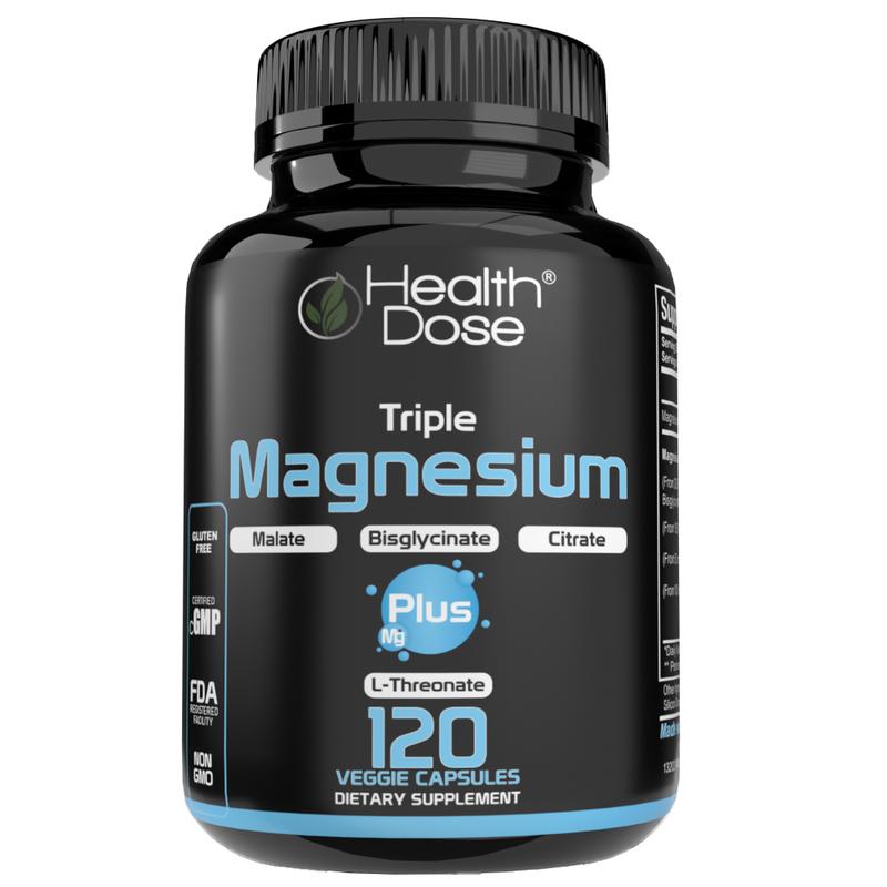Health Dose Triple Magnesium Complex – 120 Veggie Capsules, 3 Forms: Bisglycinate, Citrate, Malate & L-Threonate, Supports Energy, Cognitive Function, Muscle & Bone Health