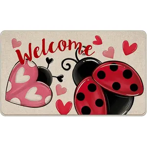 Welcome Valentines Day Ladybug Decorative Front Door Mat, Pink Red Love Hearts Doormat Indoor Outdoor Non-Slip Floor Entryway Rug