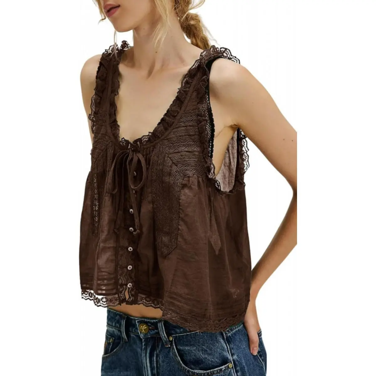 Womens Summer Yellow Boho Tie Front Tops BeachVacation People Free Dupes Lace Tank Tops Ruffled ChiffonSleeveless Button Down Mesh Chiffon Crop Fashion Cute2025 Y2K Tank Top Clothes,romantic ruffle detail, soft sheer fabric