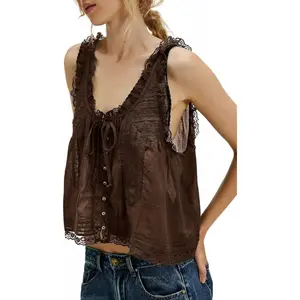 Womens Summer Yellow Boho Tie Front Tops BeachVacation People Free Dupes Lace Tank Tops Ruffled ChiffonSleeveless Button Down Mesh Chiffon Crop Fashion Cute2025 Y2K Tank Top Clothes,romantic ruffle detail, soft sheer fabric