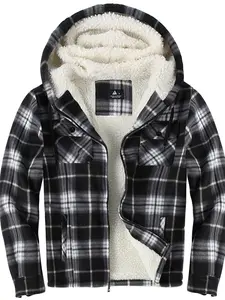 Men's Flannel Shirt Jacket with Sherpa Fleece Lining, Plaid Pattern Hooded Coat, Full Zip Winter Outerwear, Casual Warm Clothing