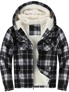 men's flannel shirt jacket with sherpa fleece lining, plaid pattern hooded coat, full zip winter outerwear, casual warm clothing