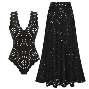 FLAXMAKER Women's V-neck Black Laser Cut One Piece Swimsuit and Matching Skirt Set Swimdress Vacation Swimwear Beachwear Bathing Suit Swimsets for Women #Summervibes #outdoorfun outdoorfun #SwimWeek