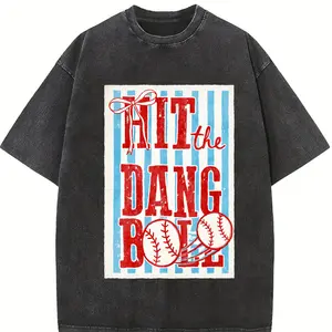 Coastal Granddaughter Vibe: Hit The Dang Ball Graphic Washed T Shirt 230gsm Sun-faded Burnout Tee with Stacked Red Typography & Baseballs, Ultra-Soft Breathable 100% for Urban Explorer Streetwear Essential Daily Uniform