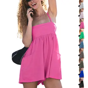 Buenoble Summer Casual Flowy Romper for Women Spaghetti Strap Loose Fit Pocket Playsuit Cute Backless Mini Dress Look Jumpsuit