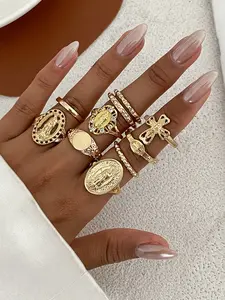 10-Piece Punk Hip-Hop Stackable Rings, Rhinestone Cross & Hollow Virgin Mary Design, Y2K Street Fashion, Concerts, Parties, Gifts, Stacking Rings, Rhinestone Ring Set