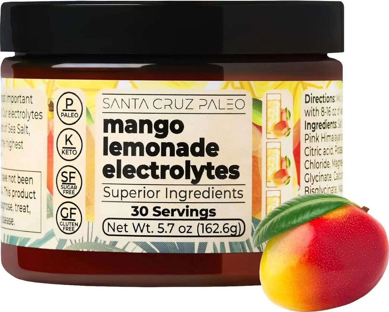 Santa Cruz Paleo Electrolyte Powder, Mango Lemonade, Sugar Free Hydration Drink Mix with Himalayan Pink Salt, Sea Salt, Magnesium Glycinate, Potassium Chloride, Sweetened with Stevia, 30 Servings
