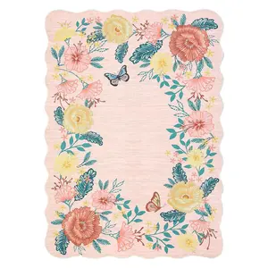 5 x 7 ft Polyester Pink Rectangular Living Room Bedroom Dining Room Botanical Floral Print Modern Machine Washable Area Rug-A