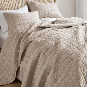 Linen Quilt Set  Size - Breathable Box Stitched European Flax Bedding Set for Bedspread and Coverlet, with 2 Pillow Shams, 106"x96", Linen