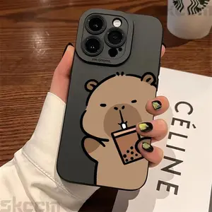 Cute cartoon capybara frosted angel eye phone case, compatible with iPhone 17/16/15/14/13/12/11/X/XS/XSMAX/16E/12.13 Mini and Plus series, black design. Suitable as a birthday gift, for girlfriends, boyfriends, friends, or for personal use.