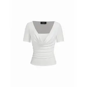 Cider High Stretch Cowl Neck Ruched Short Sleeve Top