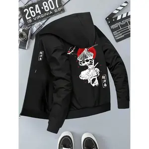 Bmuvlss Men'S Samurai Jacket - Black with Red Accent - Zip-Up Hooded Coat - Slim Fit Lightweight Outerwear for Fall/Winter - Casual & Formal Events - Japanese Warrior Design - Easy-Care Zipper Closure Jacket, Fall Fashion, Urban Streetwear, Durable Fabric