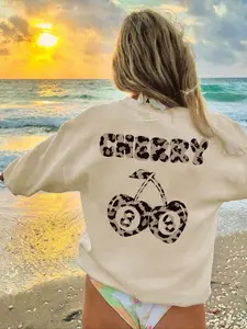Leopard Print Cherry Letter Geometric Print Fleece Pullover Sweatshirt, Fall & Winter Casual Loose-Fit Round Neck Jumper