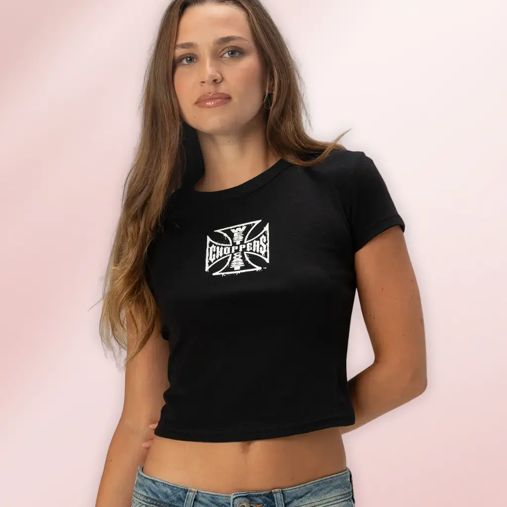 Women's Choppers Baby Tee, Edgy Biker Graphic Shirt, Black Fitted Retro Crop Top