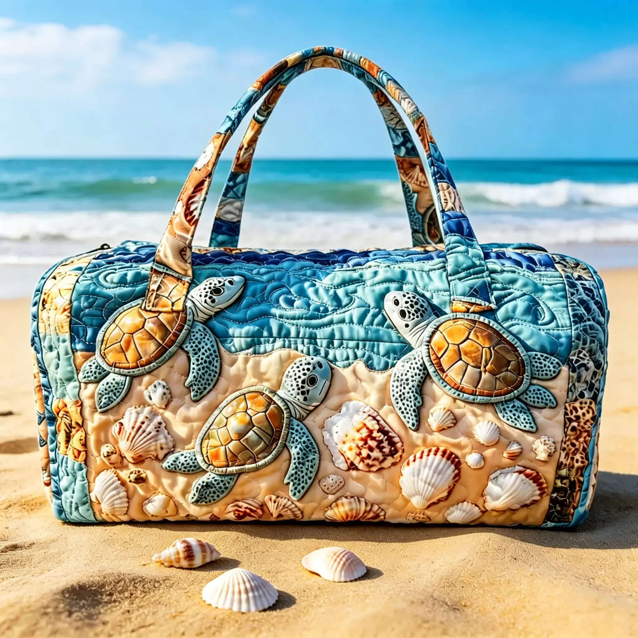 Quilted turtle travel bag, ocean shell beach high-definition printed luggage bag, large capacity ocean themed sports and fitness bag, summer vacation hand-held travel bag