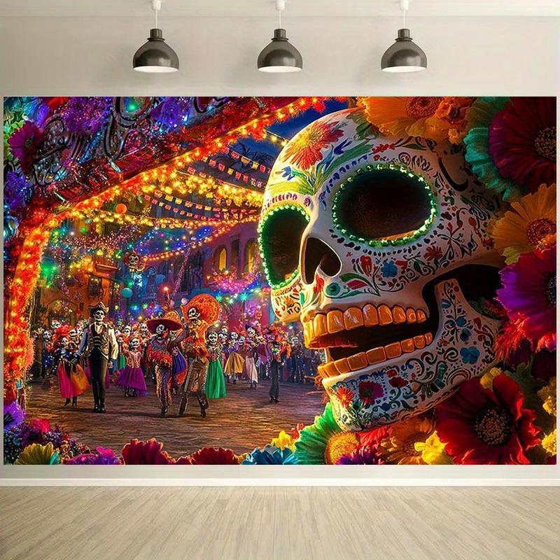 1pc 2D Flat Large Dia de los Muertos Sugar Skull Party Backdrop Vibrant Mexican Folk Art Wall Decoration with Calavera Design Colorful Papel Picado & Marigold Garland No Electricity Needed Durable for Day of the De Banners Ornaments