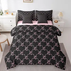 Black Pink Bow 7 Piece Bedding Set,Coquette Room Decor,Dreamy Bowknot Comforter Set for Princess Ribbon Bow Bed in a Bag with Fitted Flat Sheet 2 Pillowcases & 2 Shams Women