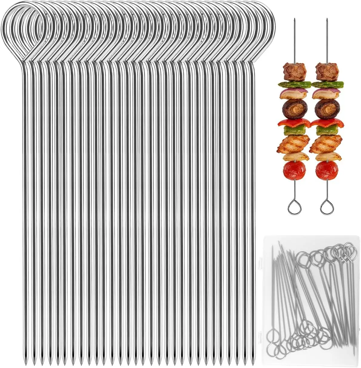 Durable 2.5mm Thick Reusable Stainless Steel Barbecue Skewer Large Set - Ring Tip, Solid Shaft, Handles, Storage Box for Kabobs, Chicken - All Seasons Large Kitchenware BBQ Utensils for BBQ Parties