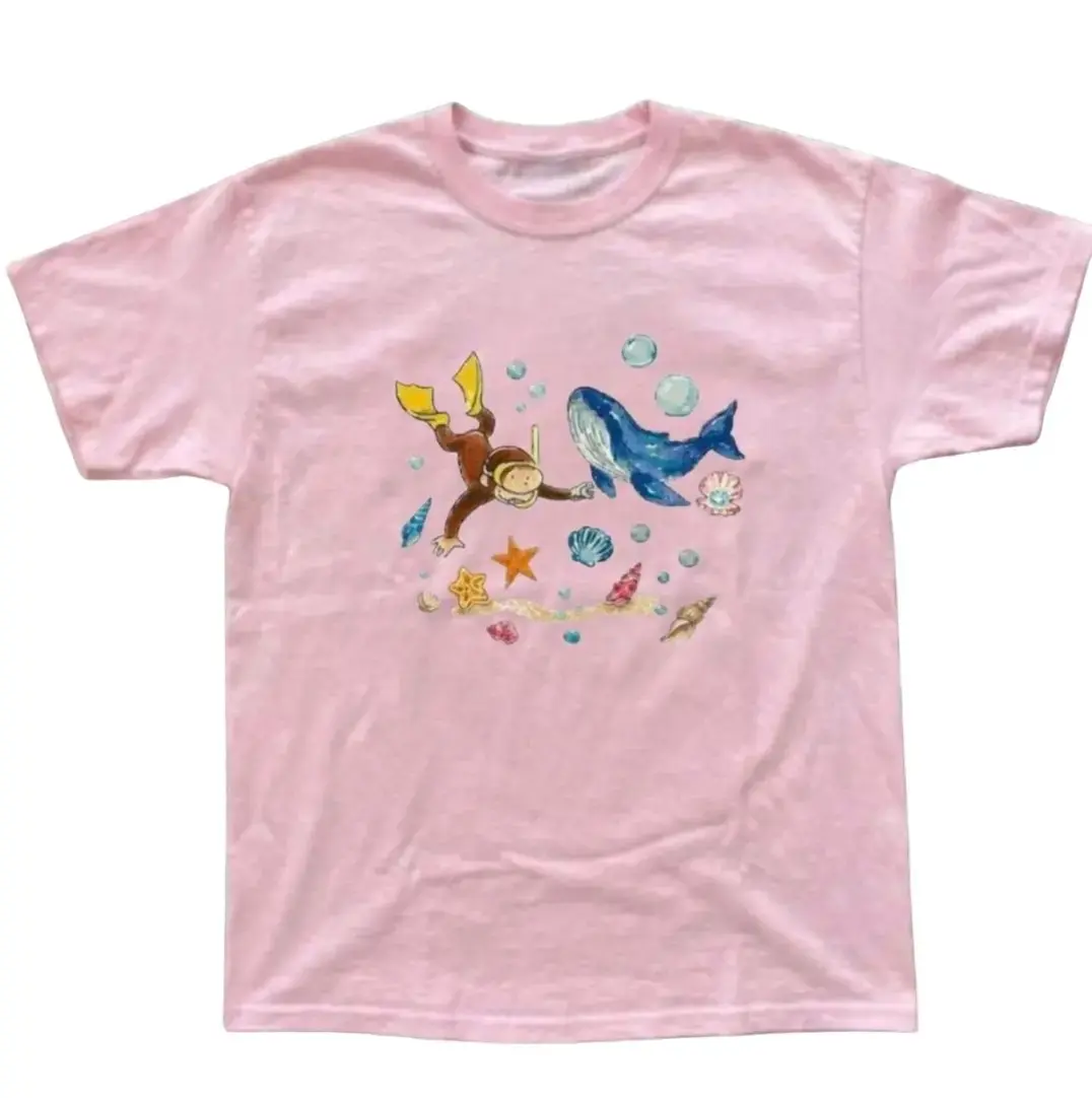 Curious George Monkey Under The Sea T-Shirt, Animal Tee, Cartoon Tshirt, Gifts Shirt, Unisex Vintage Graphic Tees Y2k Affliction Style Clothes Men Women Streetwear Summer Beachwear